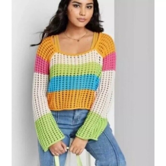 Wild Fable Women's Multi Color Striped Crochet Cropped Sweater Sz S Square‎ Neck - Picture 3 of 6